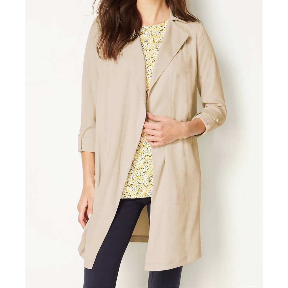 J. Jill Wearever Oatmeal Open Drape Front Long Cardigan Trench Jacket M NWT